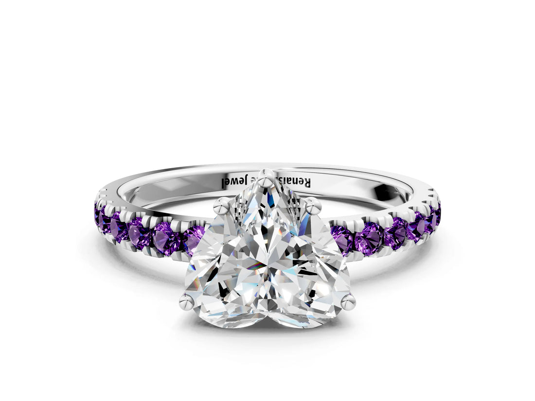 White gold Heart Cut Diamond Pave Band Solitaire Ring with Round with Amethyst side stone and Prong Setting_12