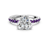 White gold Heart Cut Diamond Pave Band Solitaire Ring with Round with Amethyst side stone and Prong Setting_12