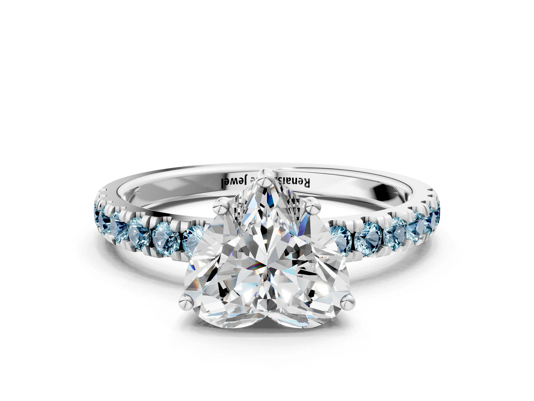 White gold Heart Cut Diamond Pave Band Solitaire Ring with Round with Aquamarine side stone and Prong Setting_67
