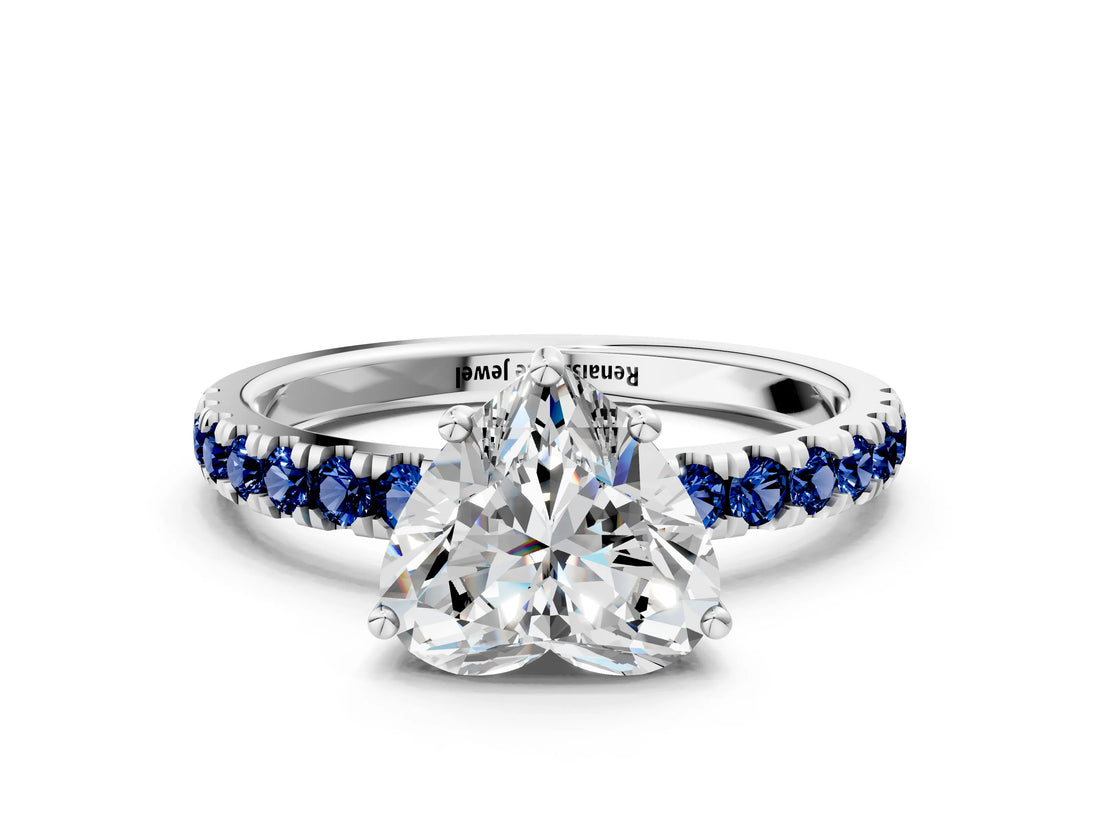 White gold Heart Cut Diamond Pave Band Solitaire Ring with Round with Blue Sapphire side stone and Prong Setting_60