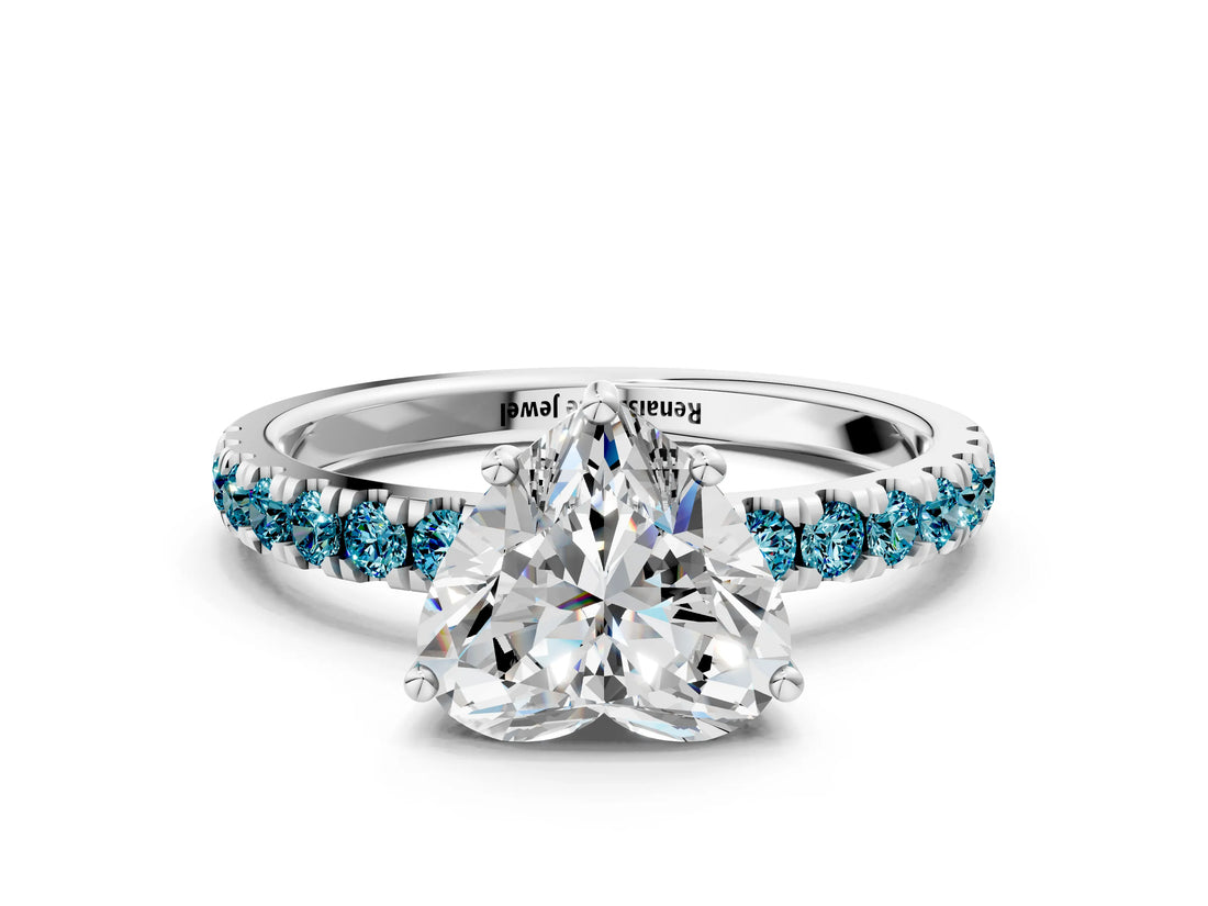 White gold Heart Cut Diamond Pave Band Solitaire Ring with Round with Blue Topaz side stone and Prong Setting_48