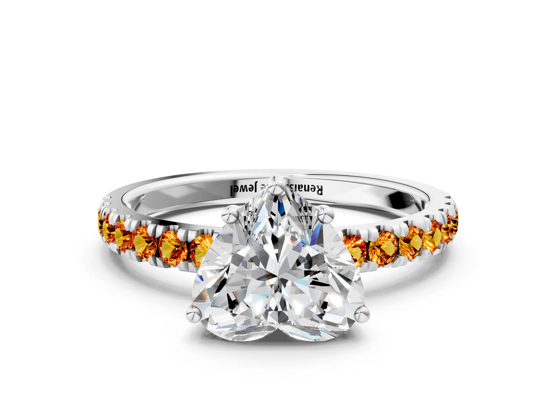 White gold Heart Cut Diamond Pave Band Solitaire Ring with Round with Citrine side stone and Prong Setting_24