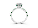 White gold Heart Cut Diamond Pave Band Solitaire Ring with Round with Emerald side stone and Prong Setting_27