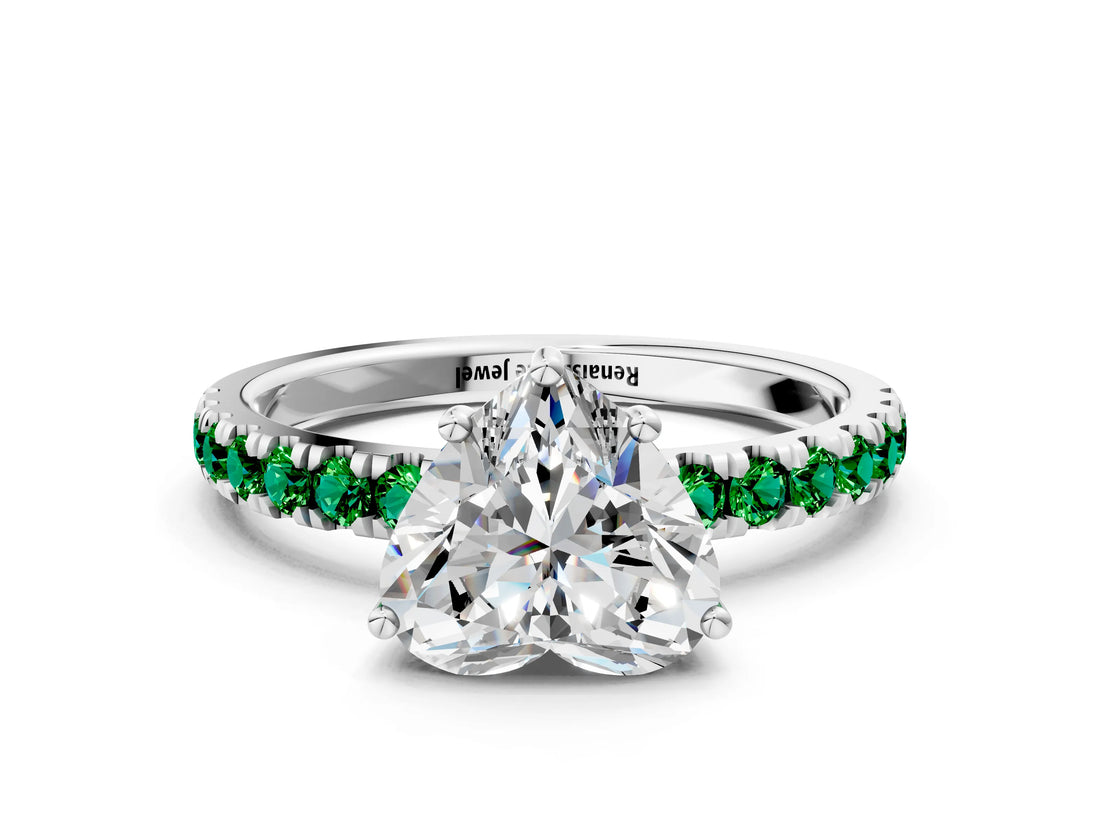 White gold Heart Cut Diamond Pave Band Solitaire Ring with Round with Emerald side stone and Prong Setting_30