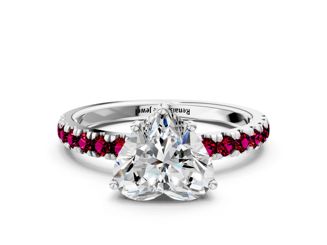 White gold Heart Cut Diamond Pave Band Solitaire Ring with Round with Garnet side stone and Prong Setting_12