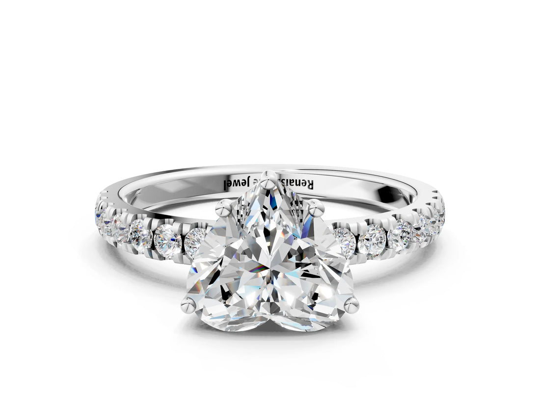 White gold Heart Cut Diamond Pave Band Solitaire Ring with Round with Moissanite side stone and Prong Setting_35