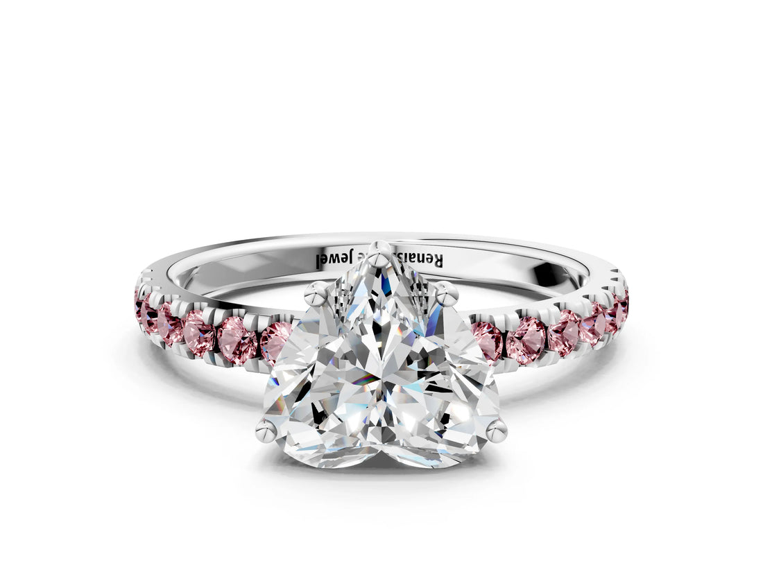 White gold Heart Cut Diamond Pave Band Solitaire Ring with Round with Morganite side stone and Prong Setting_24