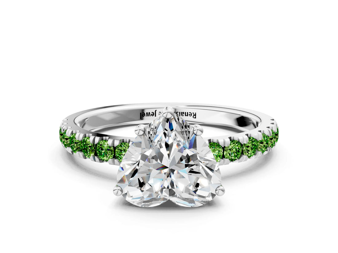 White gold Heart Cut Diamond Pave Band Solitaire Ring with Round with Peridot side stone and Prong Setting_12