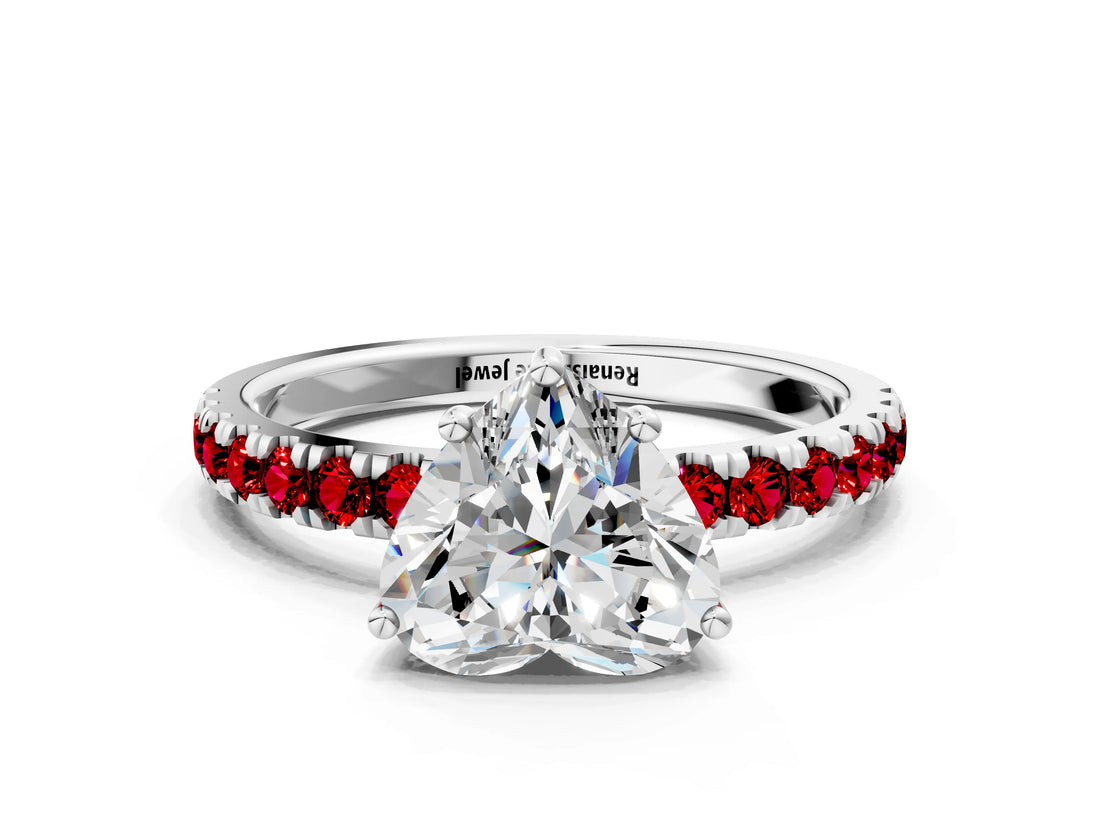 White gold Heart Cut Diamond Pave Band Solitaire Ring with Round with Ruby side stone and Prong Setting_48