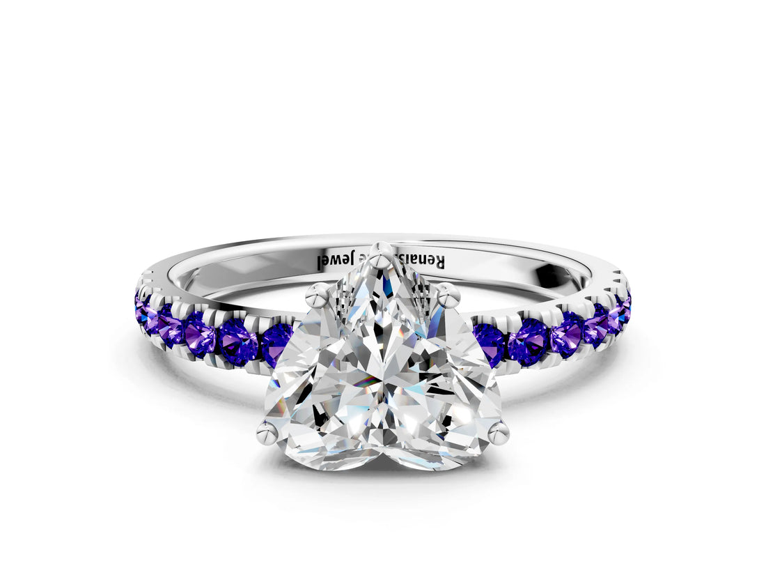White gold Heart Cut Diamond Pave Band Solitaire Ring with Round with Tanzanite side stone and Prong Setting
