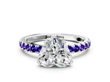 White gold Heart Cut Diamond Pave Band Solitaire Ring with Round with Tanzanite side stone and Prong Setting