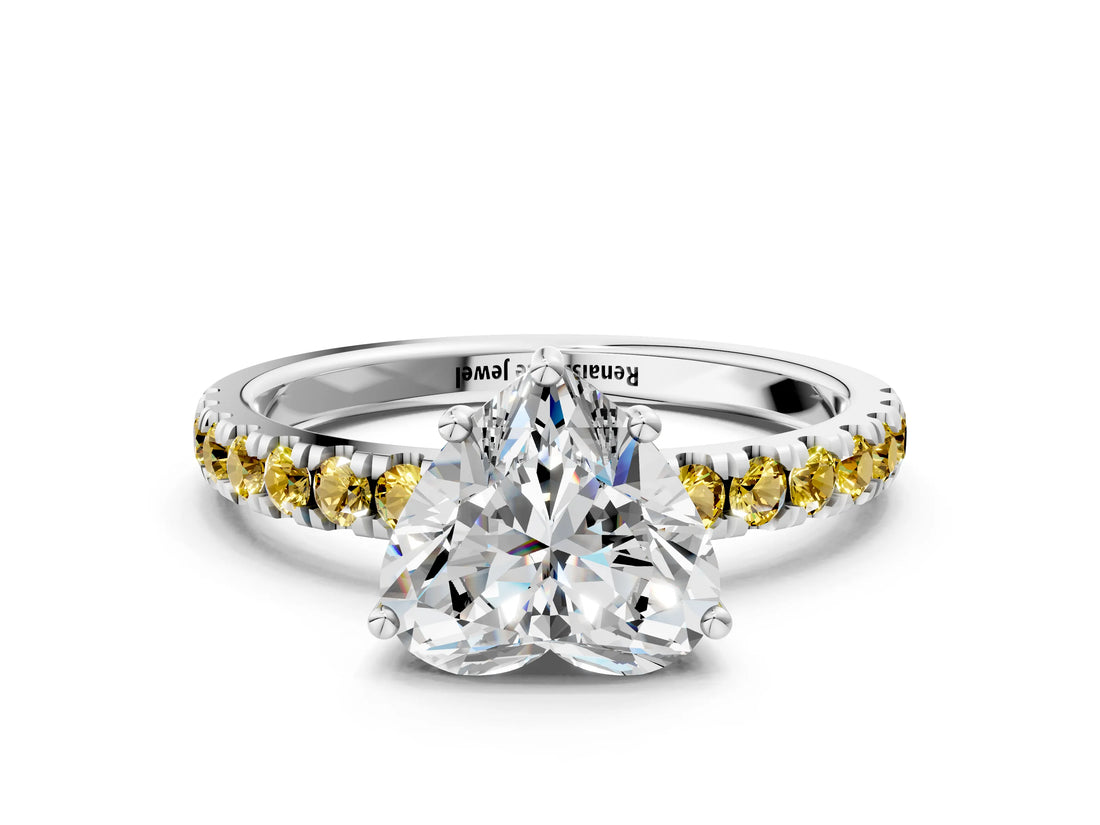 White gold Heart Cut Diamond Pave Band Solitaire Ring with Round with Yellow Sapphire side stone and Prong Setting_12