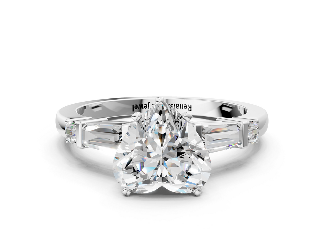 White gold Heart Cut Diamond Ring with Baguette Side Stones, Channel Set Band, and Four-Prong Setting_4