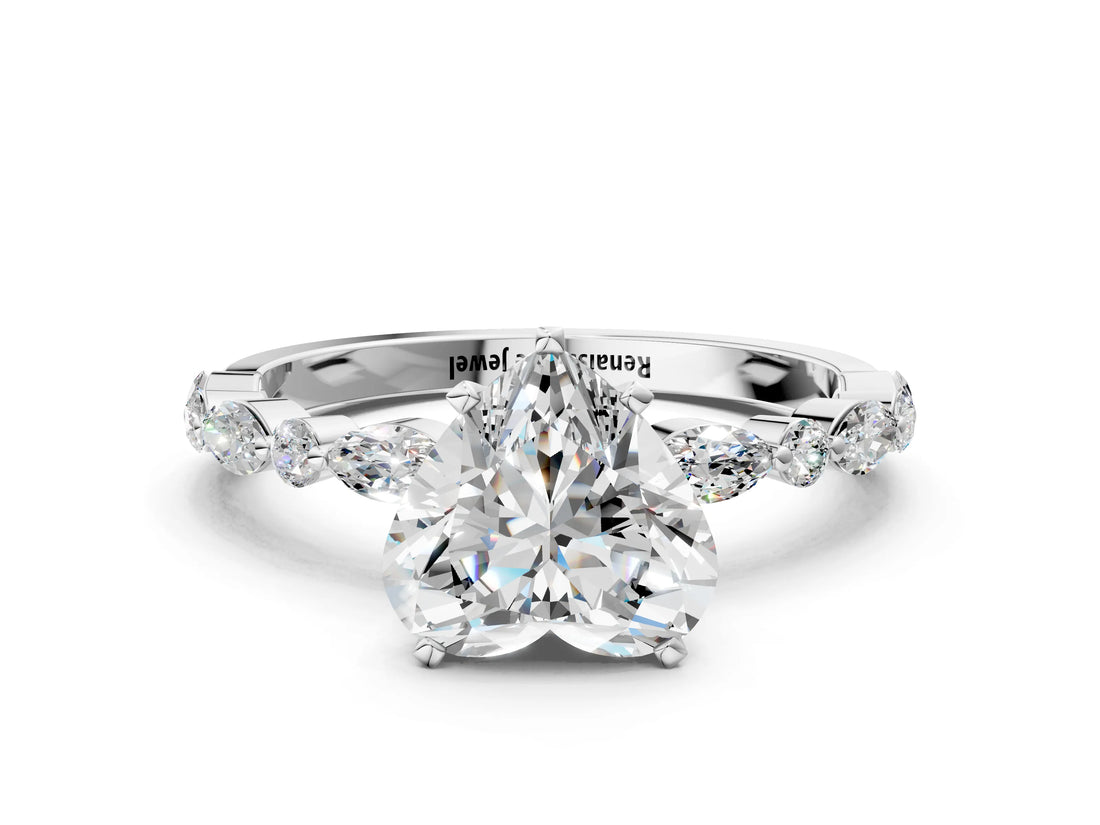 White gold Heart Cut Diamond Ring with Marquise and Round  Side Stones and Four-Prong Setting_62