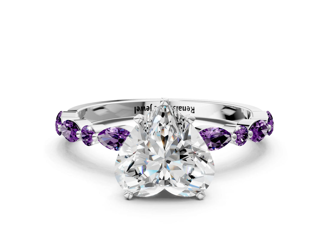 White gold Heart Cut Diamond Ring with Marquise and Round with Amethyst side stone Side Stones and Four-Prong Setting_24