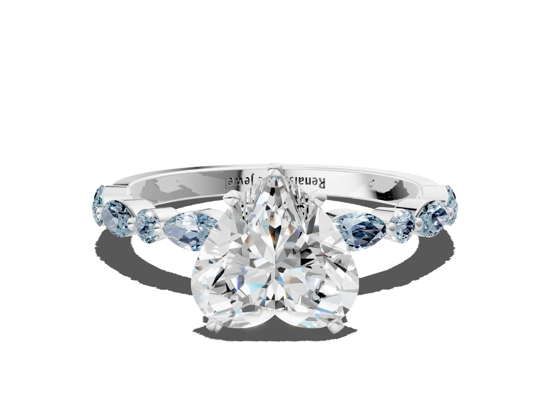 White gold Heart Cut Diamond Ring with Marquise and Round with Aquamarine side stone Side Stones and Four-Prong Setting_24