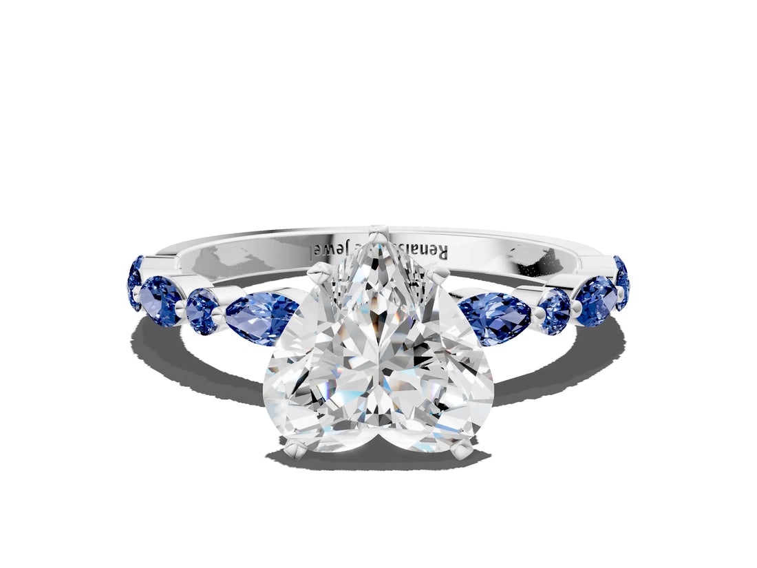 White gold Heart Cut Diamond Ring with Marquise and Round with Blue Sapphire side stone Side Stones and Four-Prong Setting_48