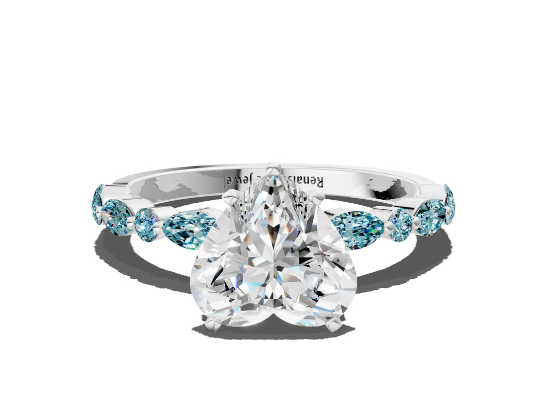 White gold Heart Cut Diamond Ring with Marquise and Round with Blue Topaz side stone Side Stones and Four-Prong Setting_36