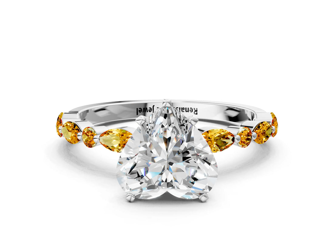White gold Heart Cut Diamond Ring with Marquise and Round with Citrine side stone Side Stones and Four-Prong Setting_24