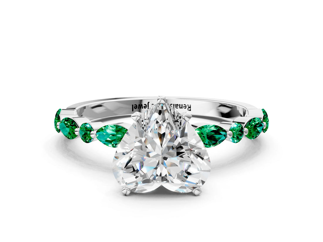 White gold Heart Cut Diamond Ring with Marquise and Round with Emerald side stone Side Stones and Four-Prong Setting_60