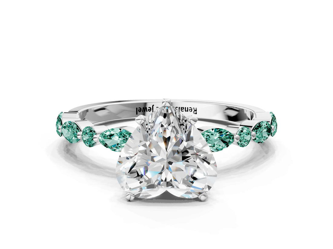 White gold Heart Cut Diamond Ring with Marquise and Round with Green Sapphire side stone Side Stones and Four-Prong Setting