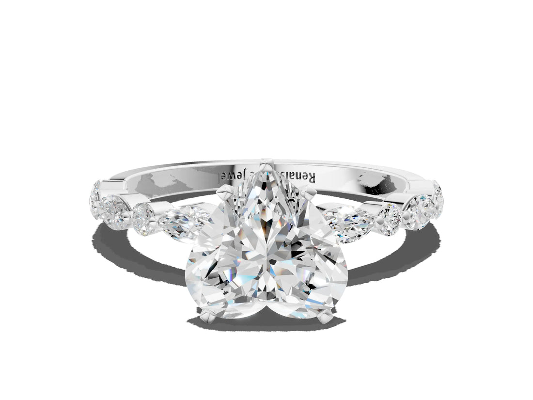 White gold Heart Cut Diamond Ring with Marquise and Round with Moissanite side stone Side Stones and Four-Prong Setting_48