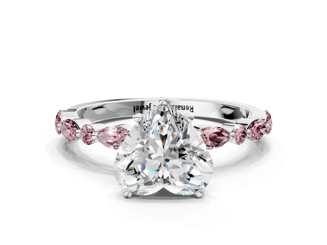 White gold Heart Cut Diamond Ring with Marquise and Round with Morganite side stone Side Stones and Four-Prong Setting_24