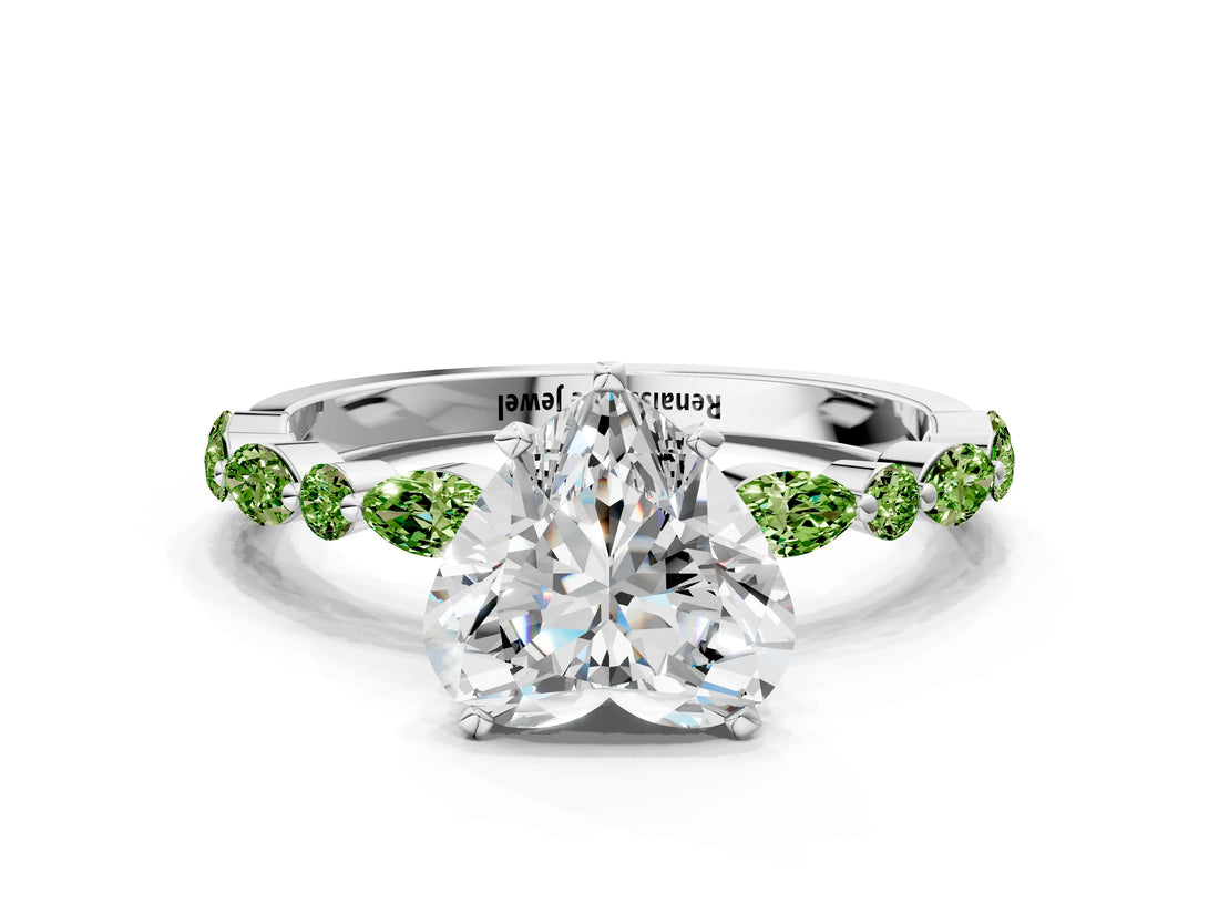 White gold Heart Cut Diamond Ring with Marquise and Round with Peridot side stone Side Stones and Four-Prong Setting