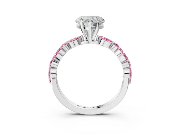 Sterling Silver Heart-Shaped Marquise Side Stone Engagement Ring Setting with Lab-Grown Pink Sapphire Side Stones
