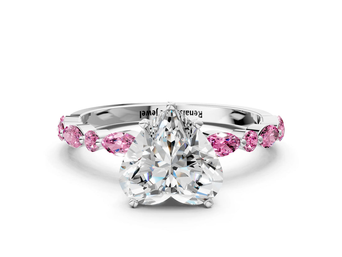 White gold Heart Cut Diamond Ring with Marquise and Round with Pink Sapphire side stone Side Stones and Four-Prong Setting