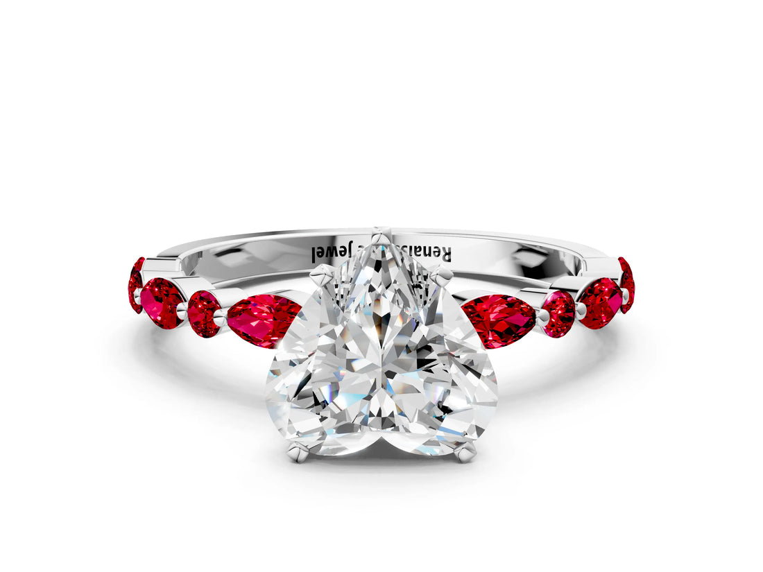 White gold Heart Cut Diamond Ring with Marquise and Round with Ruby side stone Side Stones and Four-Prong Setting_36