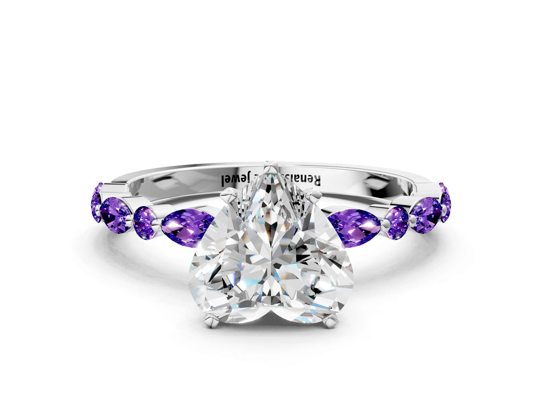 White gold Heart Cut Diamond Ring with Marquise and Round with Tanzanite side stone Side Stones and Four-Prong Setting