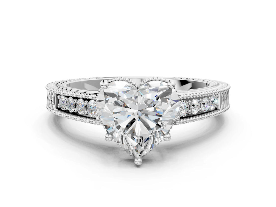 White gold Heart Cut Diamond Ring with Milgrain Pavé Band and Four-Prong Setting_38