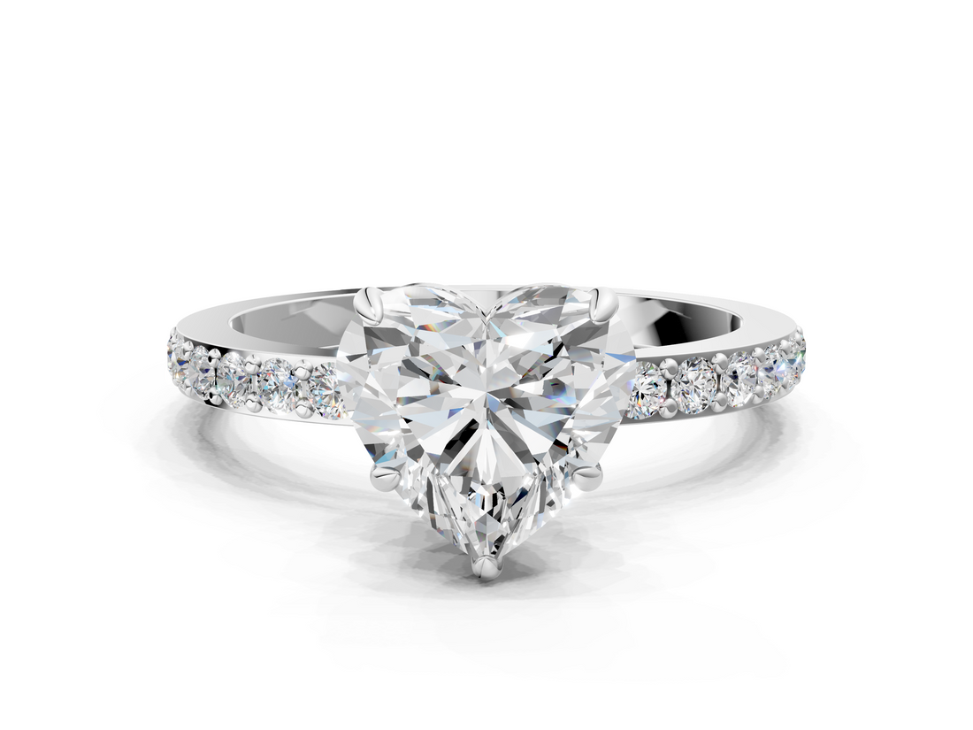White gold Heart Cut Diamond Ring with Pavé Band and Four-Prong Setting_110