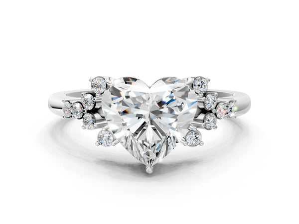White gold Heart Cut Diamond Ring with Side Stones and Four-Prong Setting