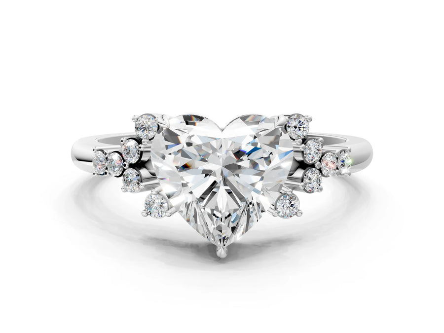 White gold Heart Cut Diamond Ring with Side Stones and Four-Prong Setting