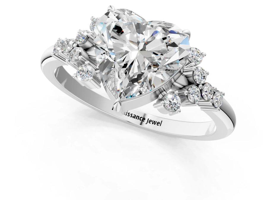 White gold Heart Cut Diamond Ring with Side Stones and Four-Prong Setting