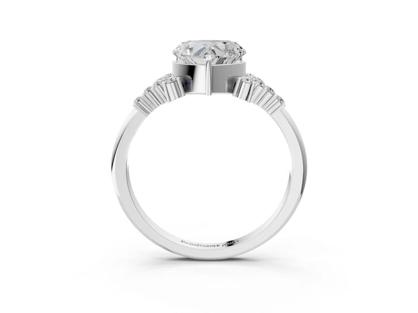White gold Heart Cut Diamond Ring with Side Stones and Four-Prong Setting