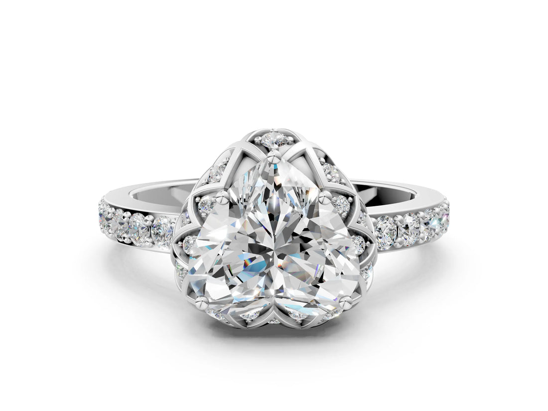 White gold Heart Cut Diamond Scalloped Halo Engagement Ring with Round Shared Prong Band_12