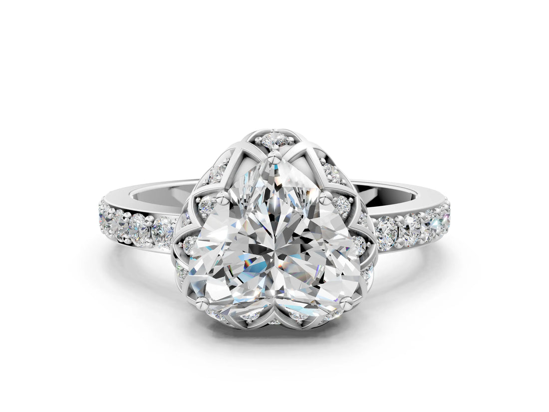 White gold Heart Cut Diamond Scalloped Halo Engagement Ring with Round Shared Prong Band_24