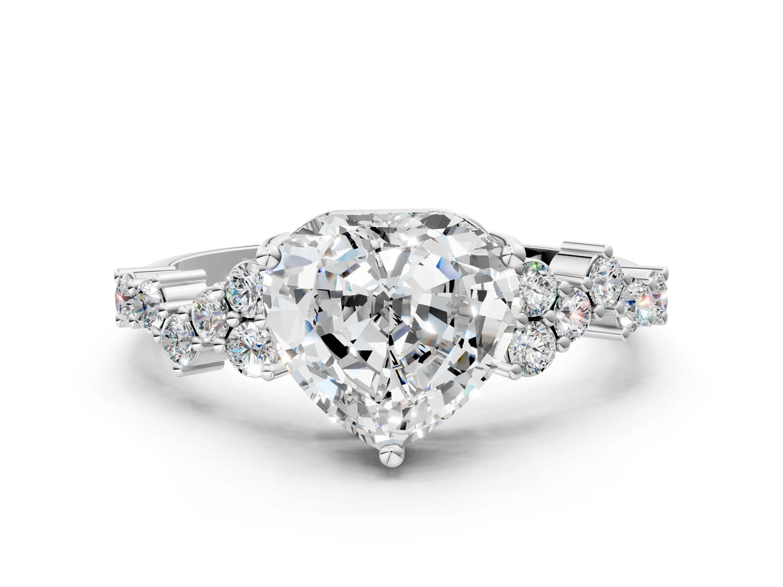 White gold Heart Cut Diamond Scattered Round Accent Ring with Prong Setting_18