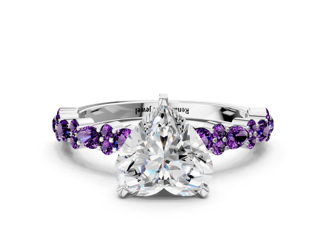 White gold Heart Cut Diamond Side Stone Solitaire Ring with Round with Amethyst side stone and Four-Prong Setting_12