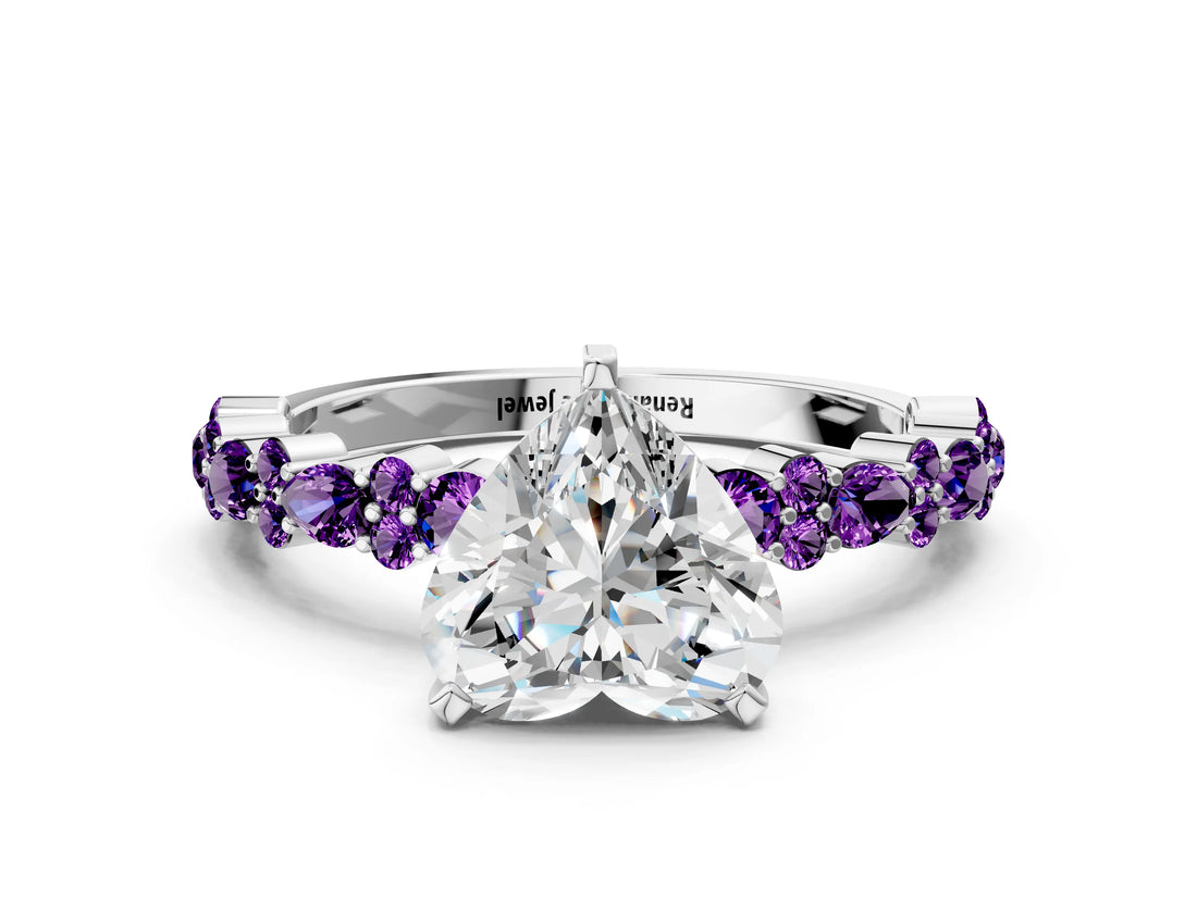 White gold Heart Cut Diamond Side Stone Solitaire Ring with Round with Amethyst side stone and Four-Prong Setting