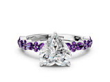 White gold Heart Cut Diamond Side Stone Solitaire Ring with Round with Amethyst side stone and Four-Prong Setting