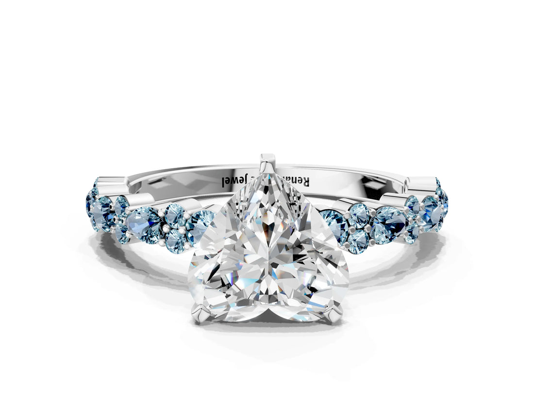 White gold Heart Cut Diamond Side Stone Solitaire Ring with Round with Aquamarine side stone and Four-Prong Setting_12
