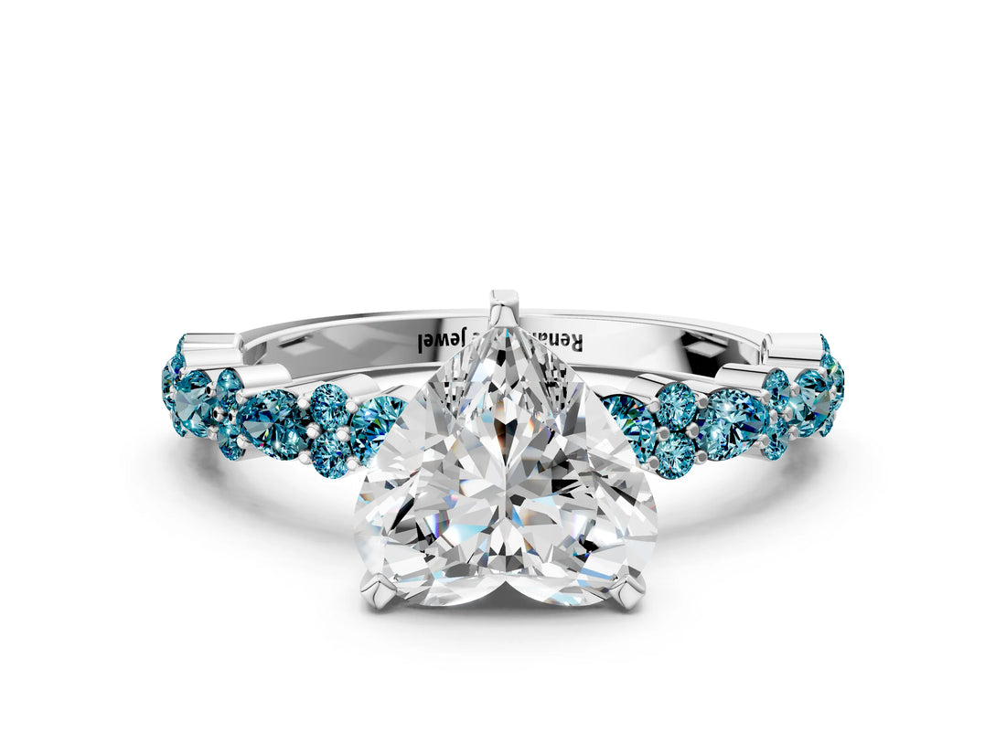 White gold Heart Cut Diamond Side Stone Solitaire Ring with Round with Blue Topaz side stone and Four-Prong Setting_12