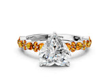 White gold Heart Cut Diamond Side Stone Solitaire Ring with Round with Citrine side stone and Four-Prong Setting
