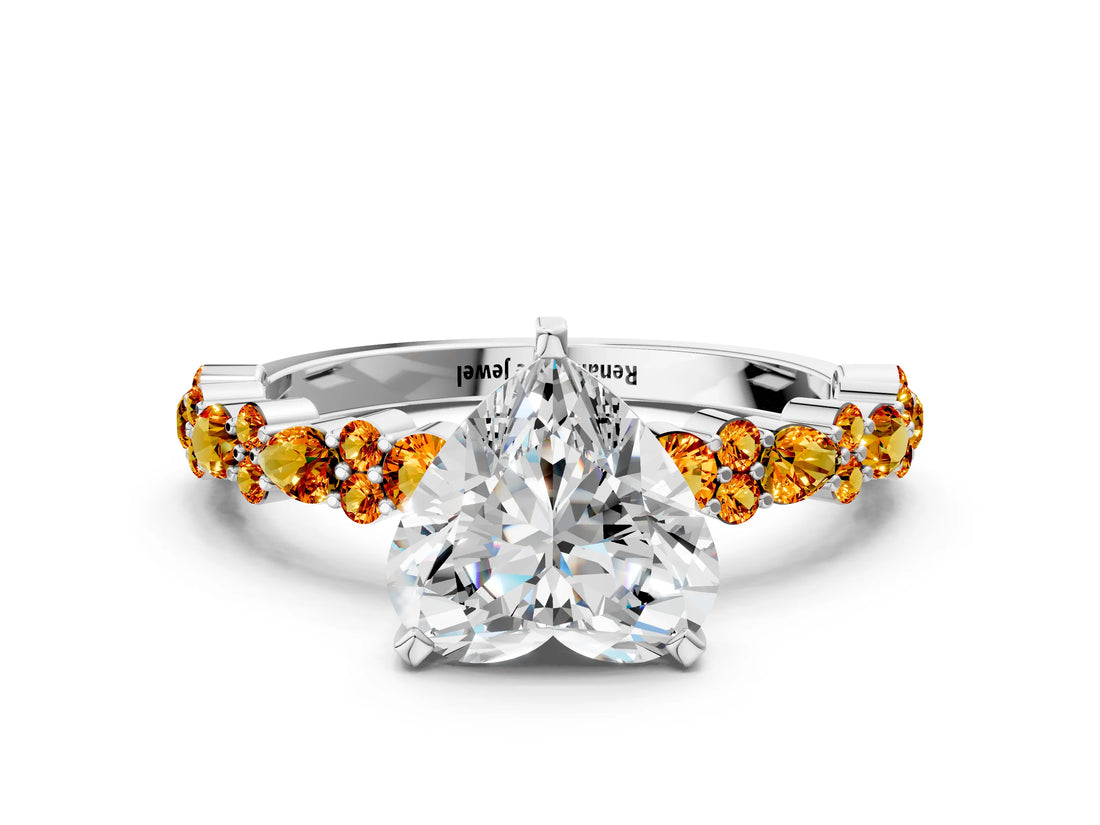 White gold Heart Cut Diamond Side Stone Solitaire Ring with Round with Citrine side stone and Four-Prong Setting