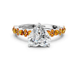 White gold Heart Cut Diamond Side Stone Solitaire Ring with Round with Citrine side stone and Four-Prong Setting