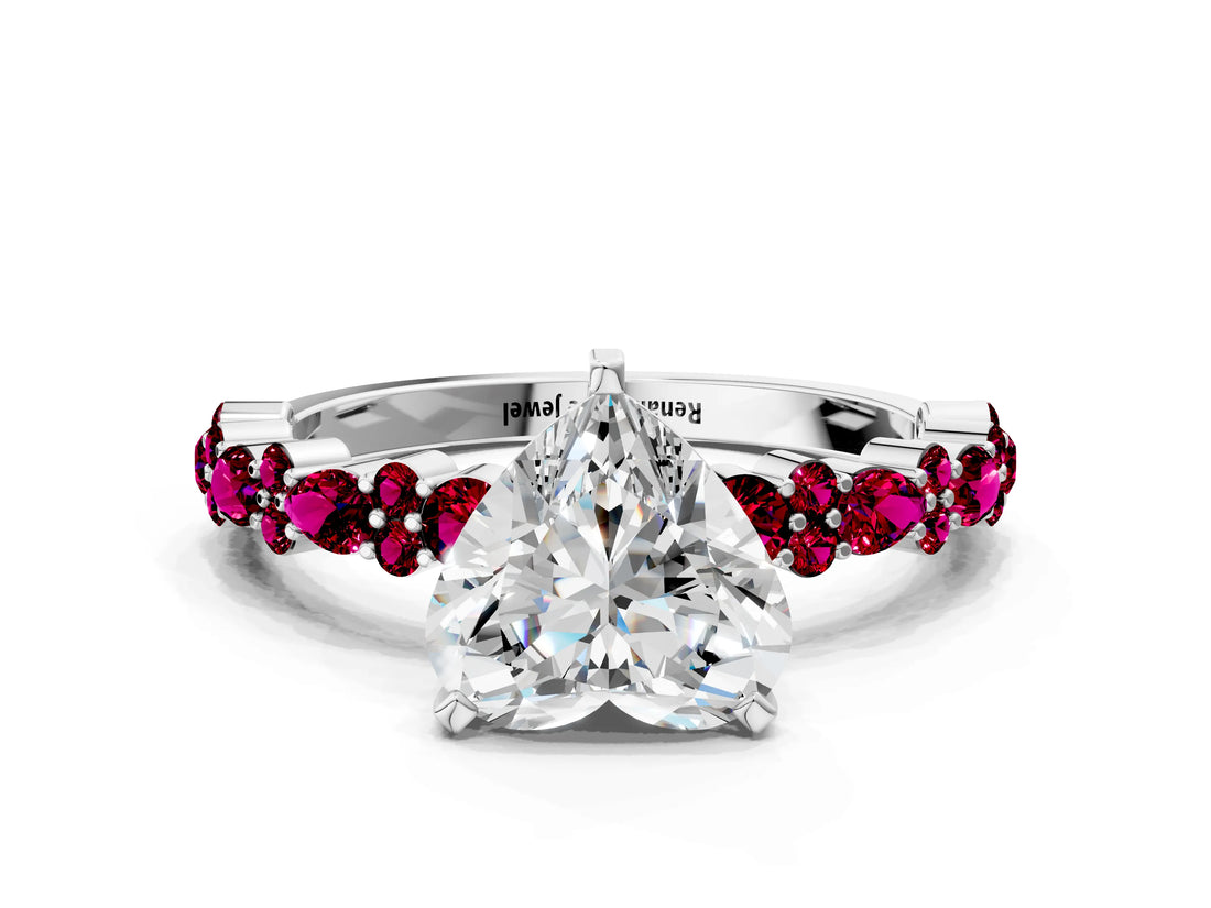 White gold Heart Cut Diamond Side Stone Solitaire Ring with Round with Garnet side stone and Four-Prong Setting_12